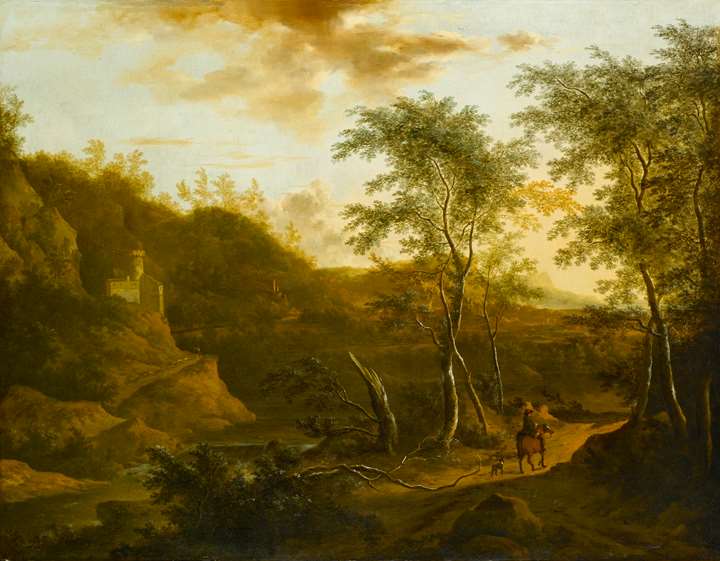 A Wooded River Landscape with a Traveller on a Track